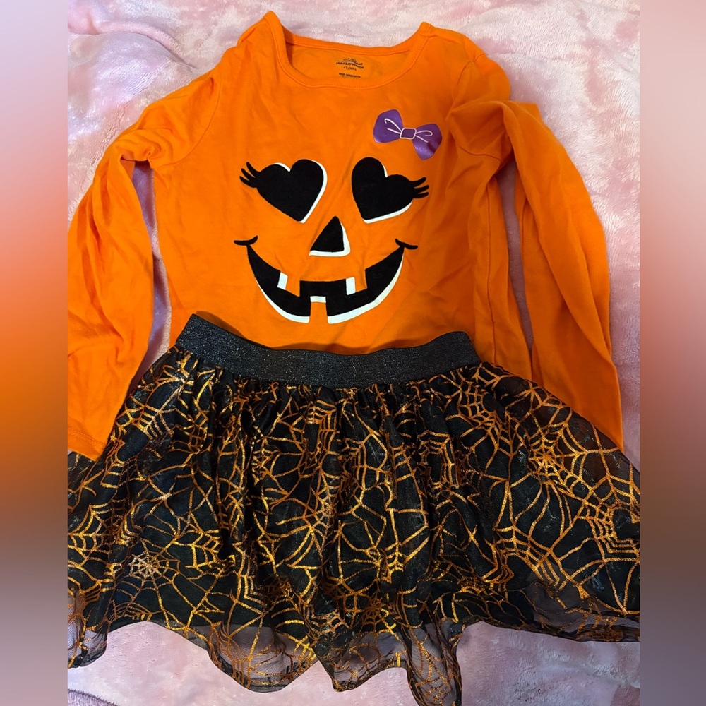Orange Halloween Pumpkin Long Sleeve Top with Spider Web Skirt